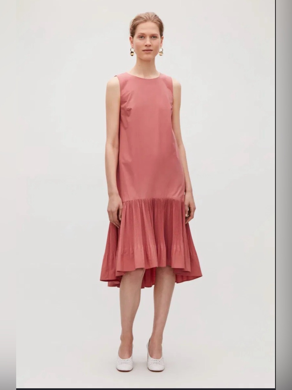 COS Dusty Rose Pleated Hem Shift Dress Size 8 Minimalist Sleeveless Midi Dress - Picture 2 of 10